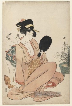 Mutter und Kind mit Blick auf einen Handspiegel 1805 Kitagawa Utamaro Ukiyo e Bijin ga Ölgemälde